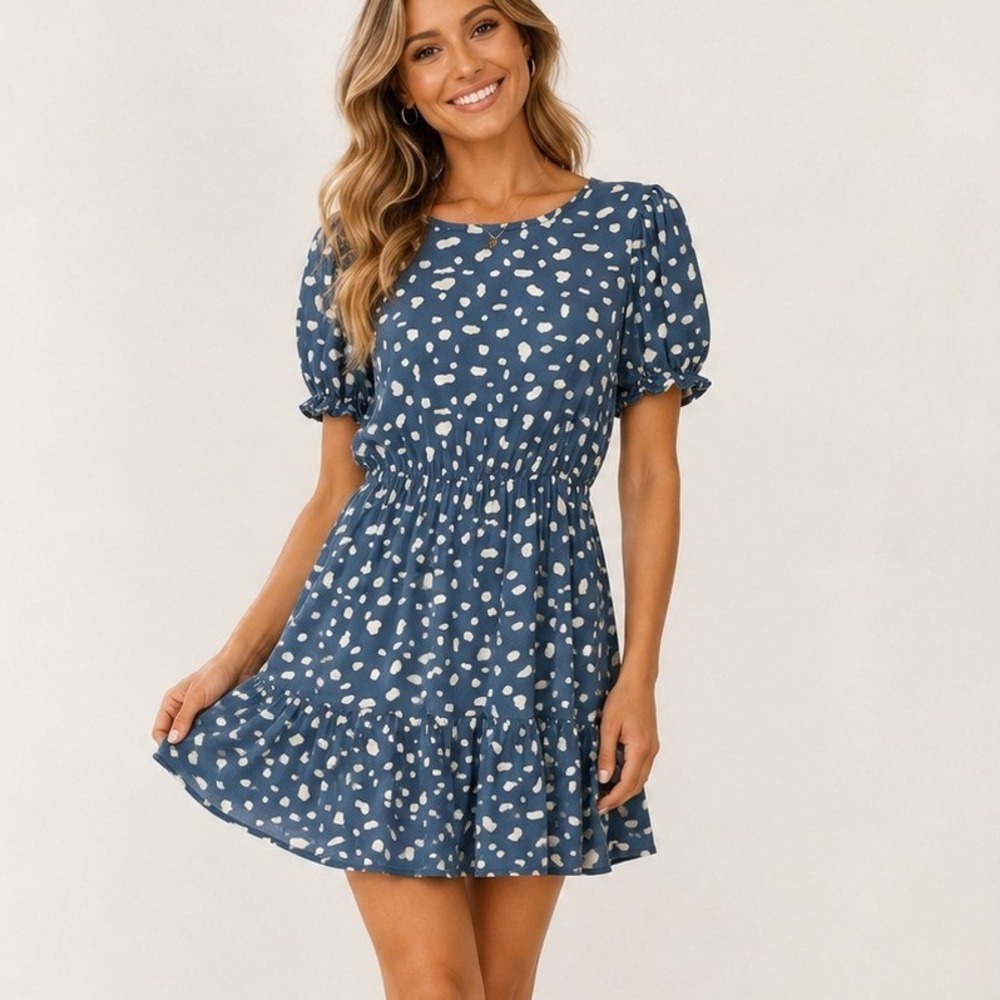 Mini Dress Blue White Abstract Dot Puff Sleeve Elastic Waist M Cottage Flirty